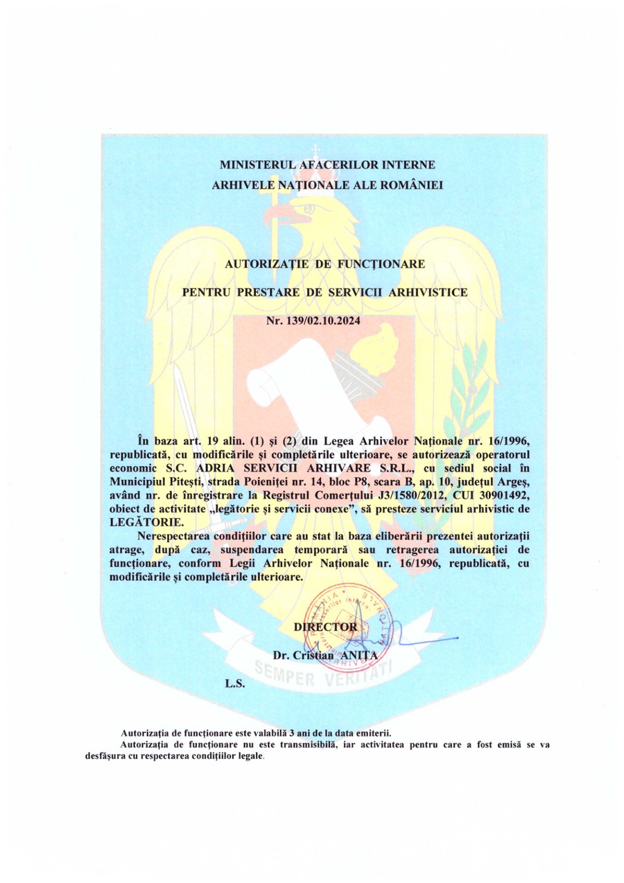 Autorizație de funcționare nr. 139/2024 — Legătorie documente — ANR
