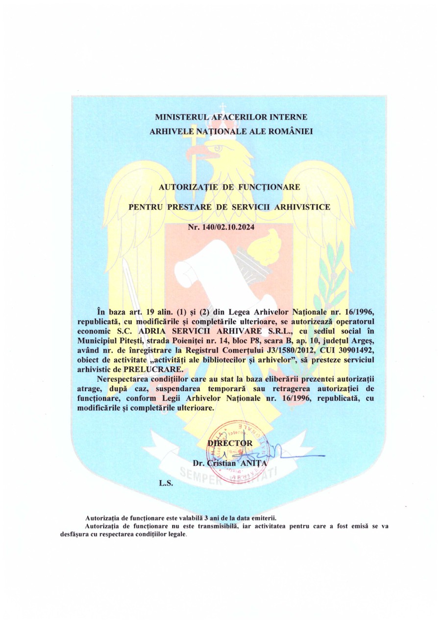 Autorizație de funcționare nr. 140/2024 — Prelucrare arhivistică — ANR